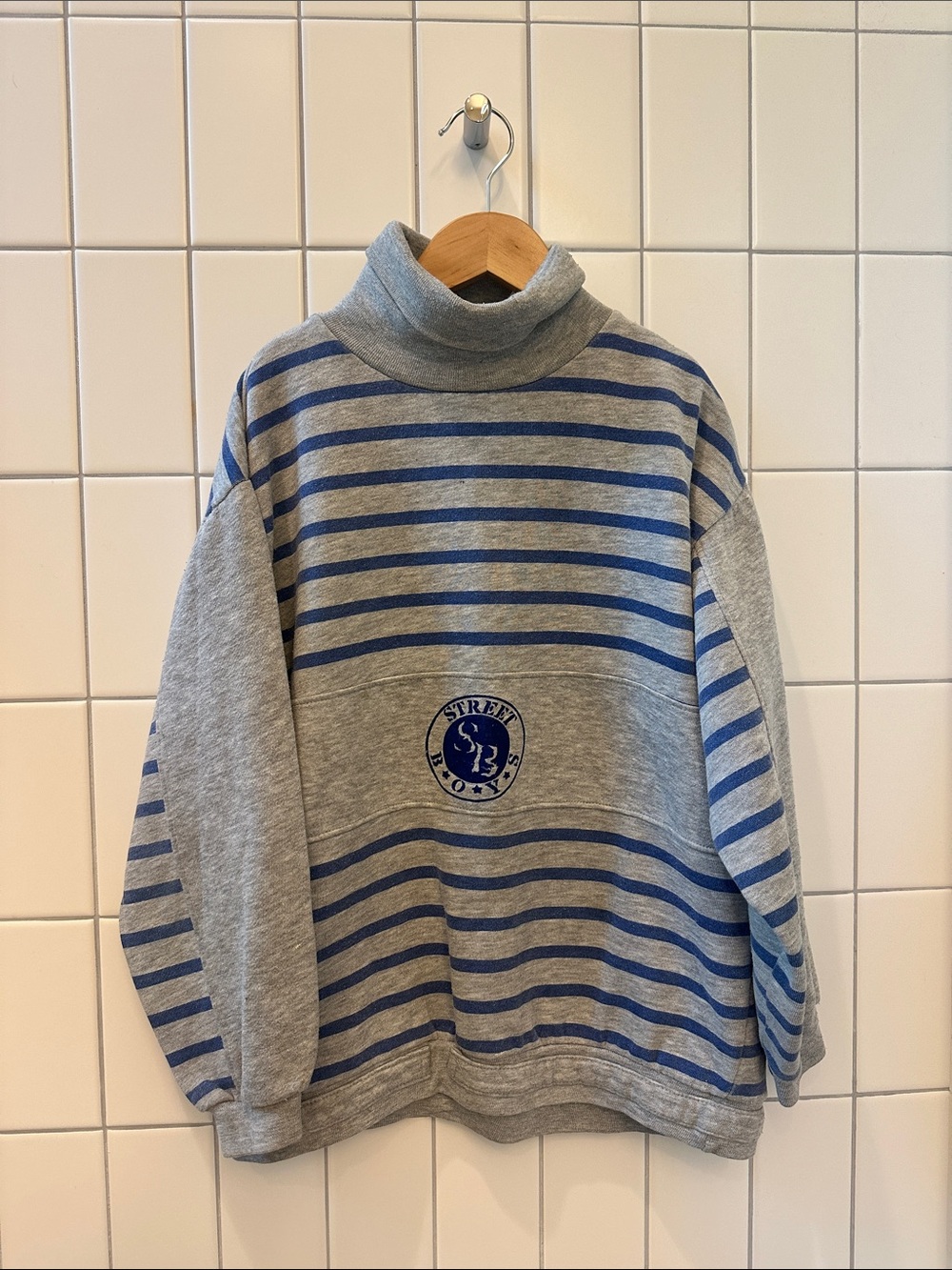 Really cool Vintage Gray & Blue Striped Turtleneck Sweatshirt for boys, 12-14